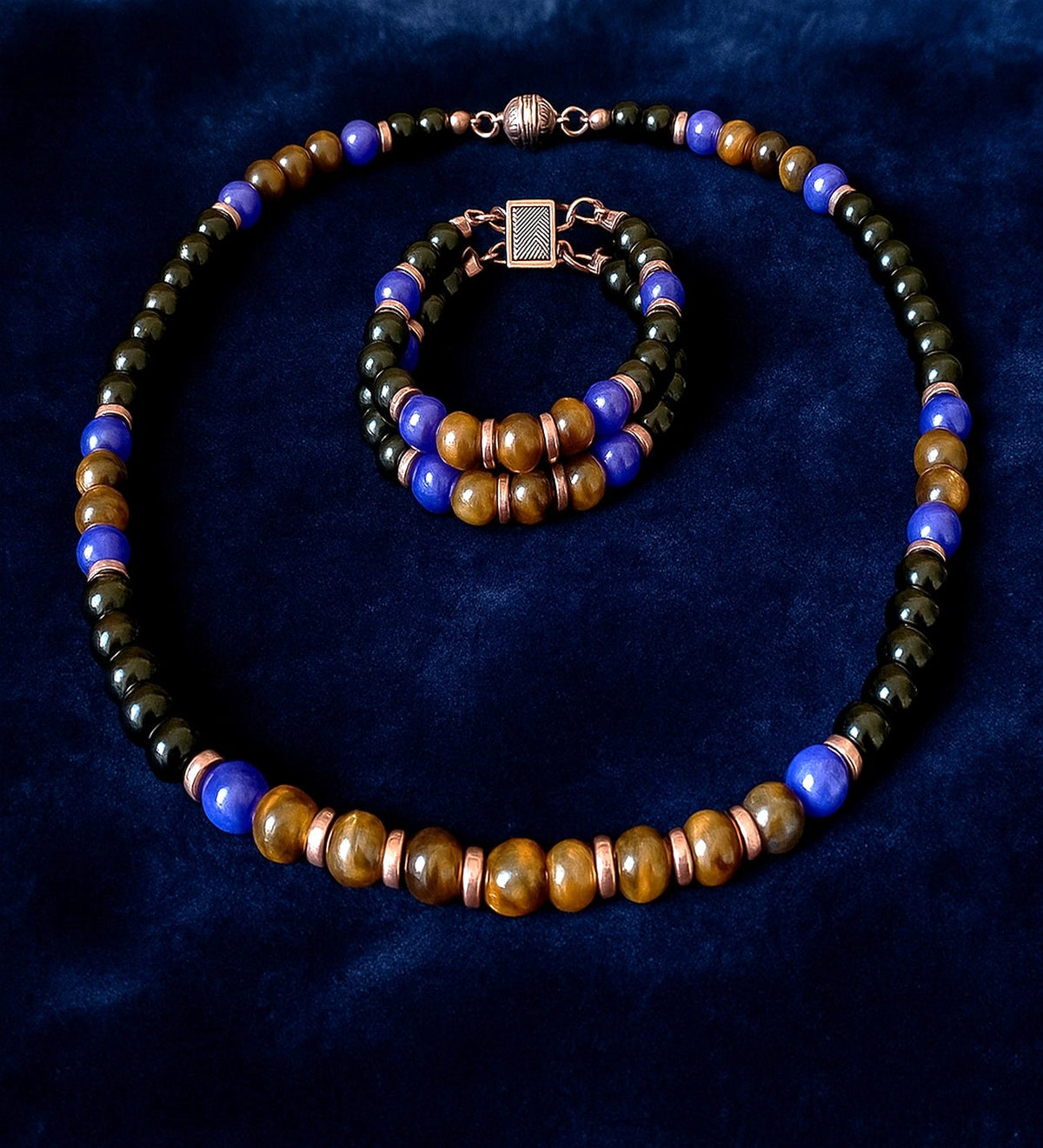 Onyx Tiger's Eye Jade Power, Courage, and Serenity Necklace and Bracelet Set