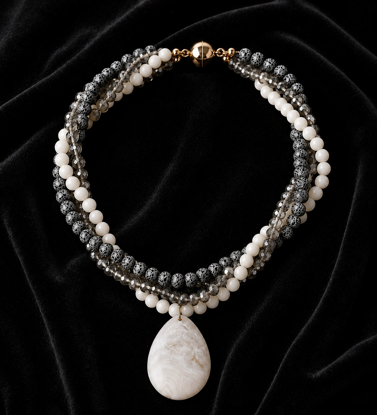 Frosted Black Agate White Agate Crystal 3-Strand Evil Eye Protection, Mental Clarity and Serenity Necklace