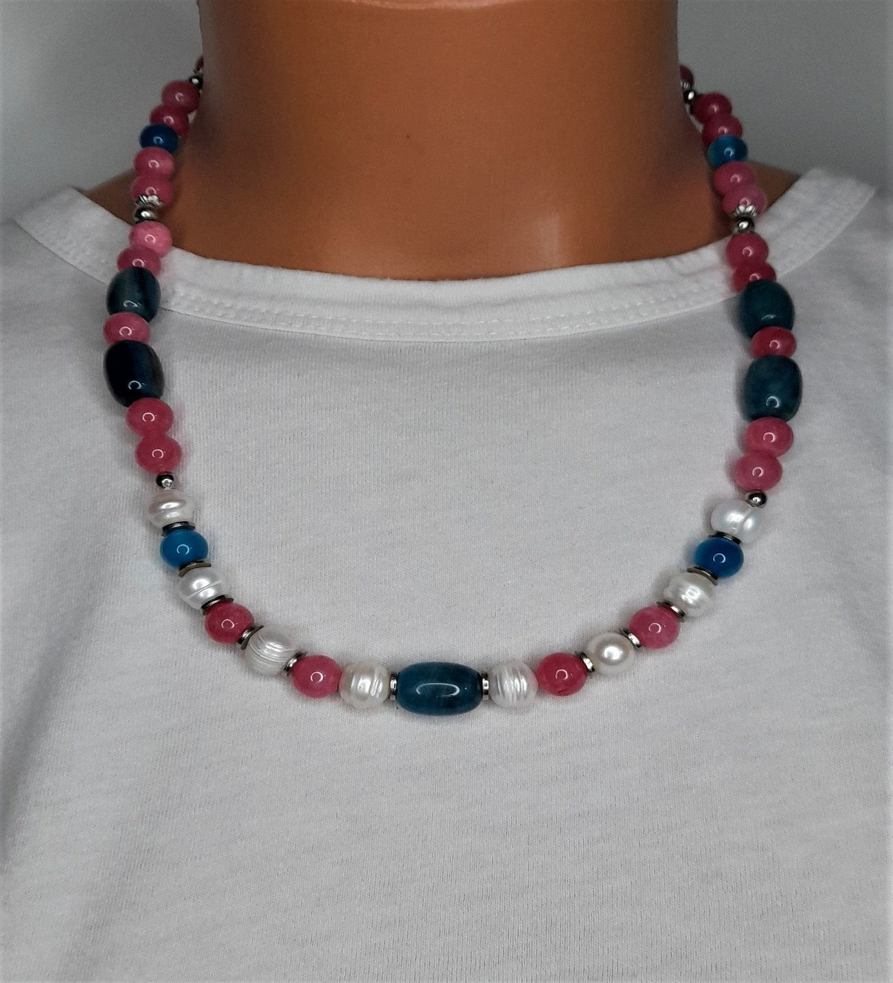 İnci Mavi Pembe Akik Stres Azaltma, Zihinsel Berraklık Ve Bereket Kolye Bileklik Seti