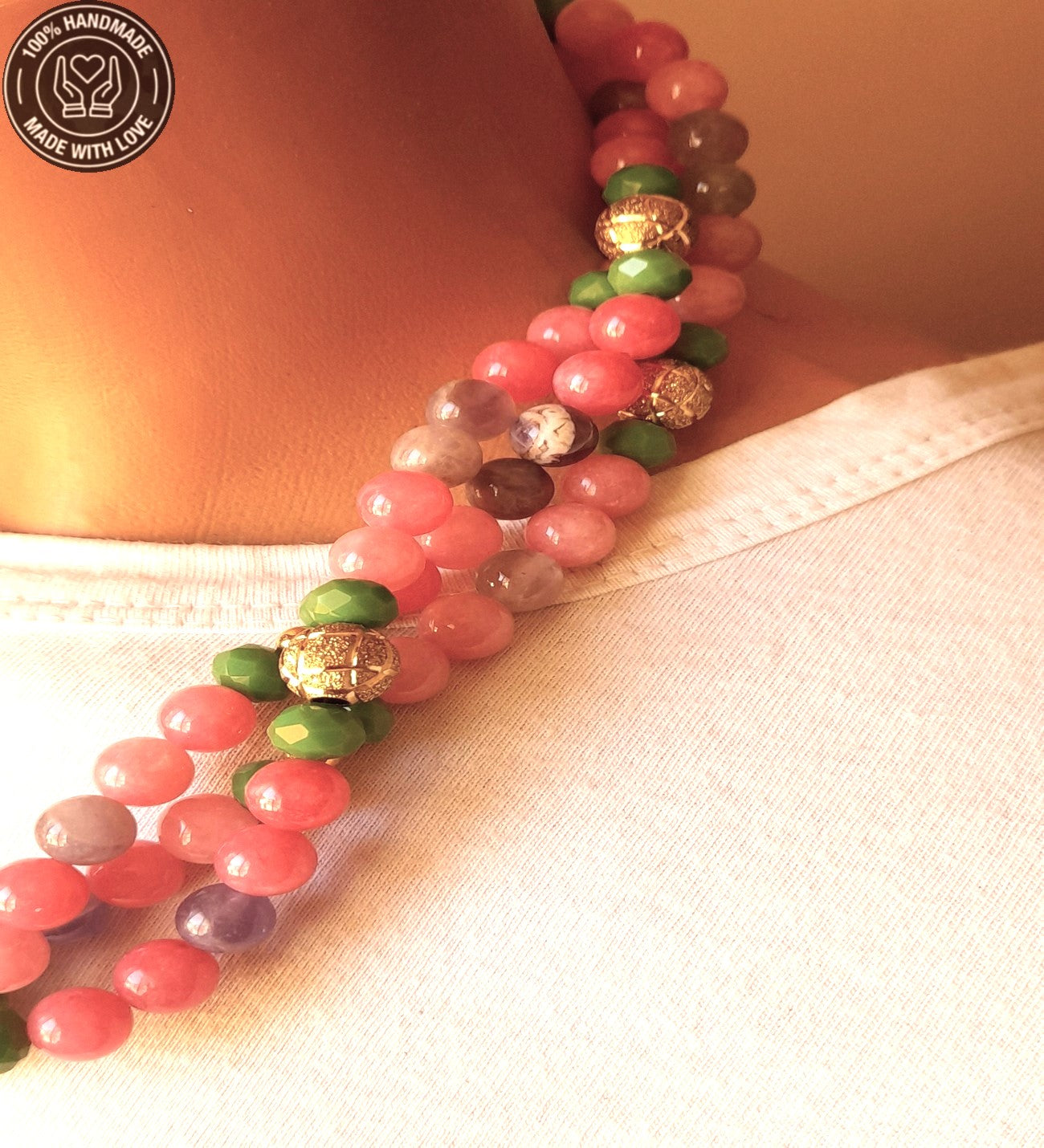 Ametist Pembe Akik Yeşil Kristal 3 Sıralı Sezgisel Güç Nazar Koruması Ve Pozitif Enerji Kolyesi