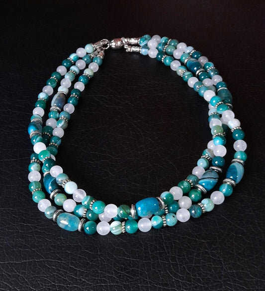 Premium Serisi Yeşil Akik Dumanlı Akik Üç Sıralı Nazar Koruması Zihinsel Berraklık Mantık Kolyesi