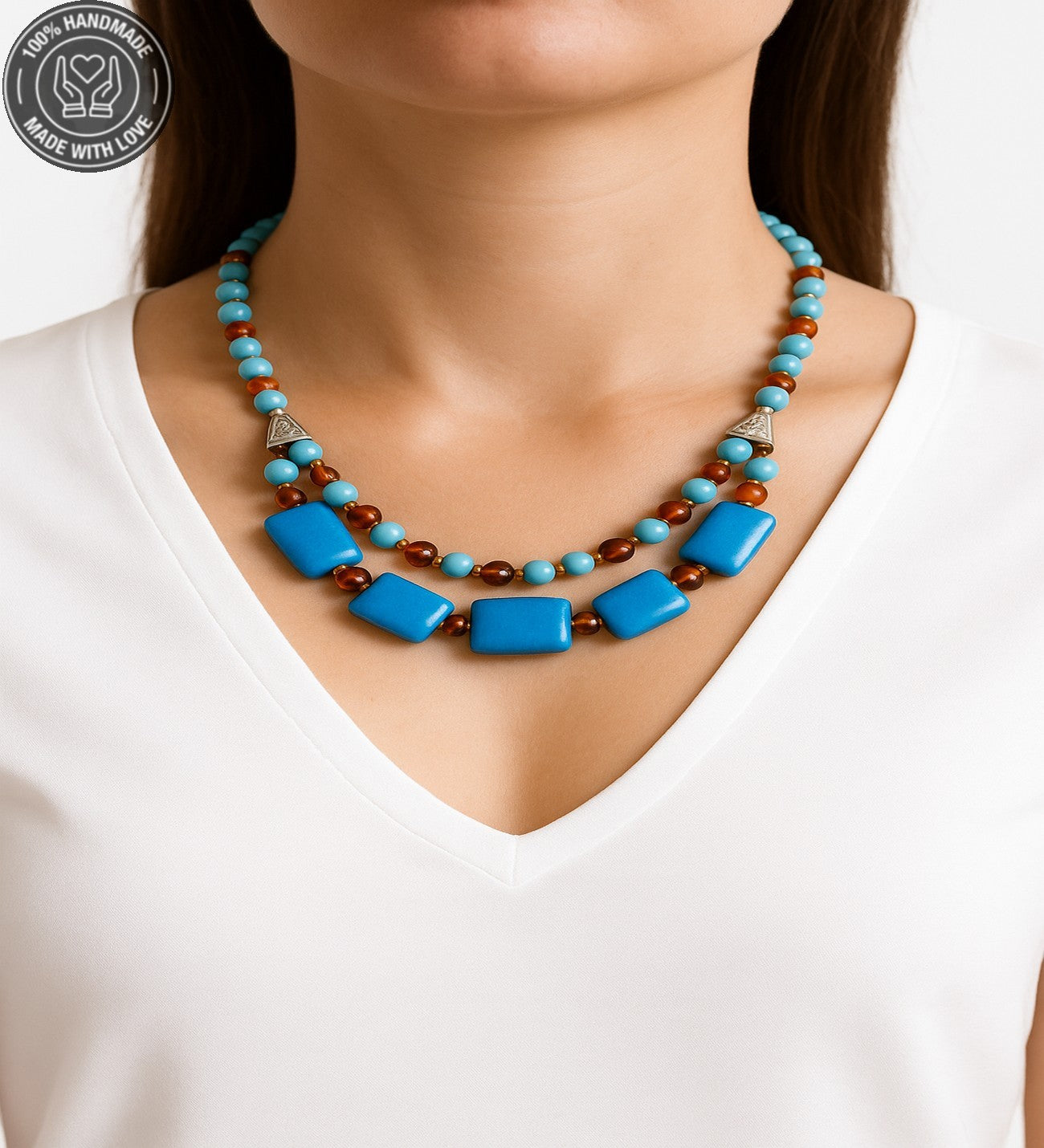 Akik Kuvars Kehribar Iki Sıralı Nazar Koruması Ve Bereket Kolyesi