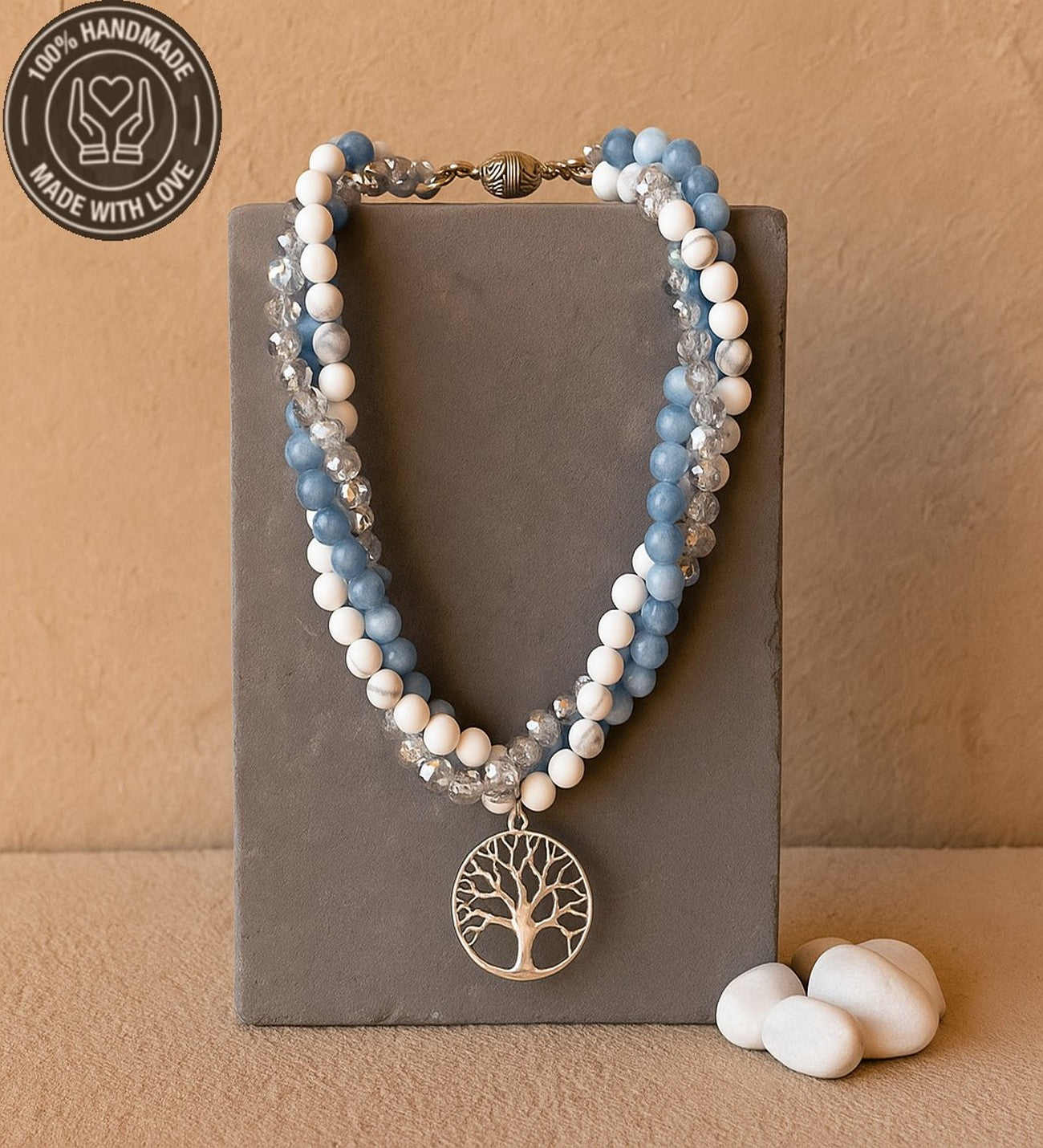 Akuamarin Ceyt Havlit Kristal 3 Sıralı Şifa Enerji Ve Cesaret Kolyesi