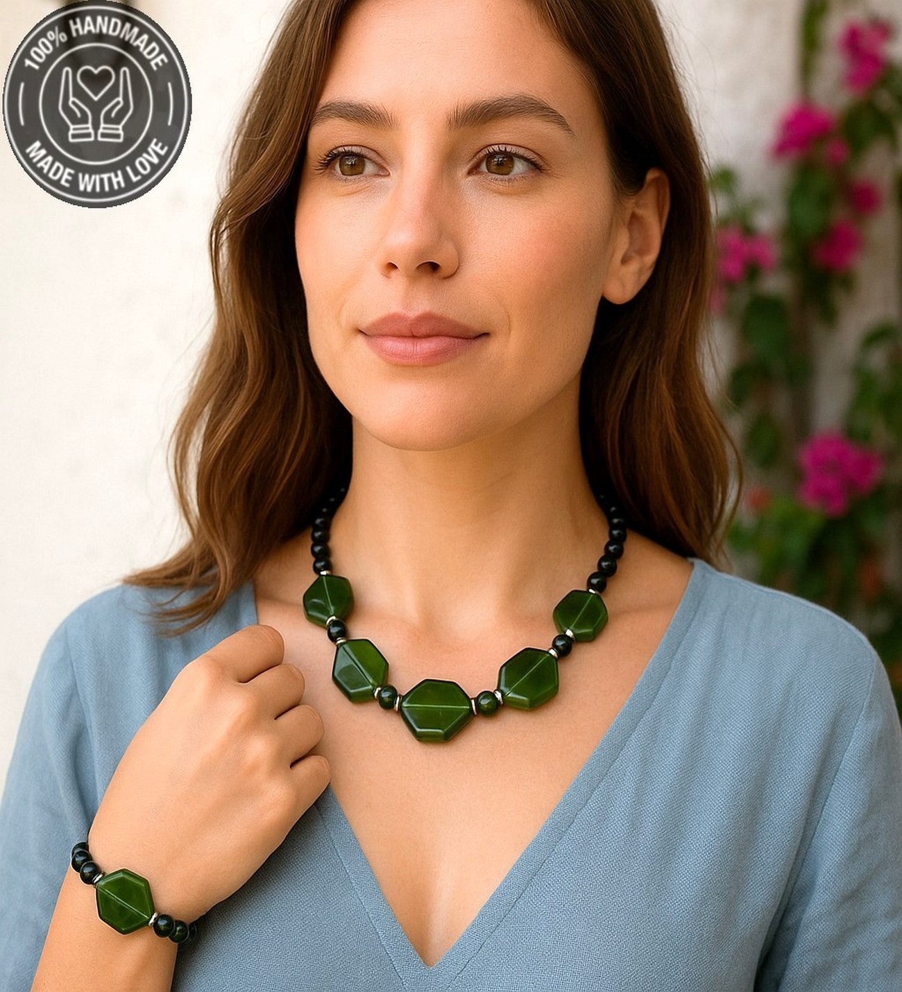 Sedef Oniks Yeşil Kaplan Gözü Güç, Odaklanma Ve Nazardan Korunma Kolye Bileklik Seti