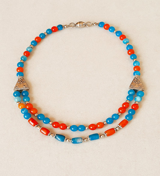 Orange Agate Blue Agate Energizing Evil Eye Protection 2-Strand Necklace