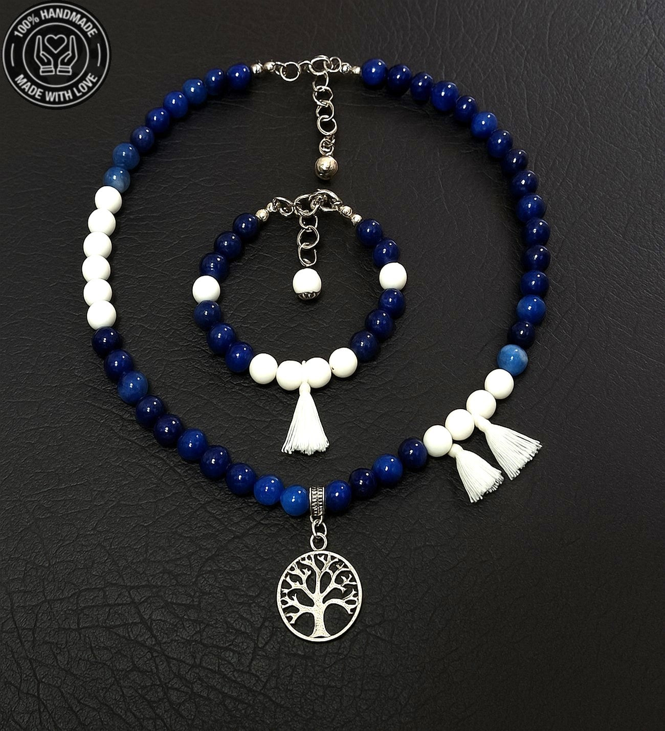 Lacivert Beyaz Akik Mantık Ve Zihinsel Berraklık Kolye Bileklik Seti