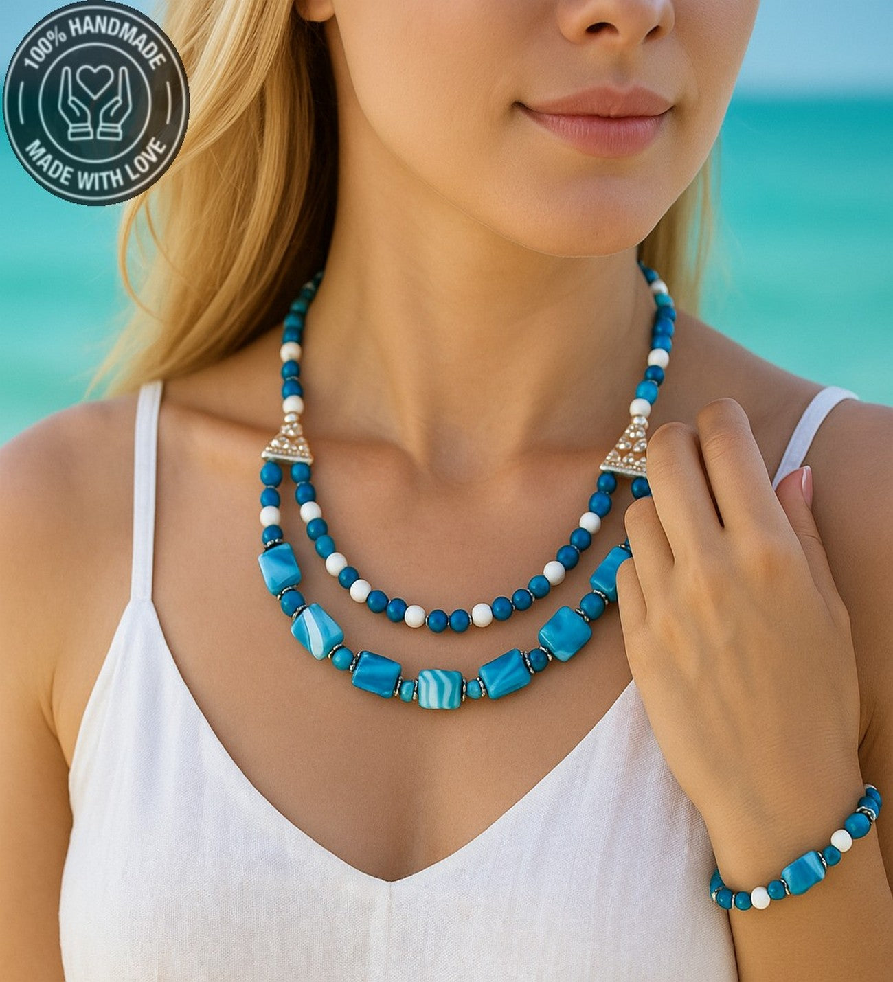 Premium Serisi Mavi Beyaz Akik 2 Sıralı Nazar Koruması Ve Zihinsel Berraklık Kolye Bileklik Seti