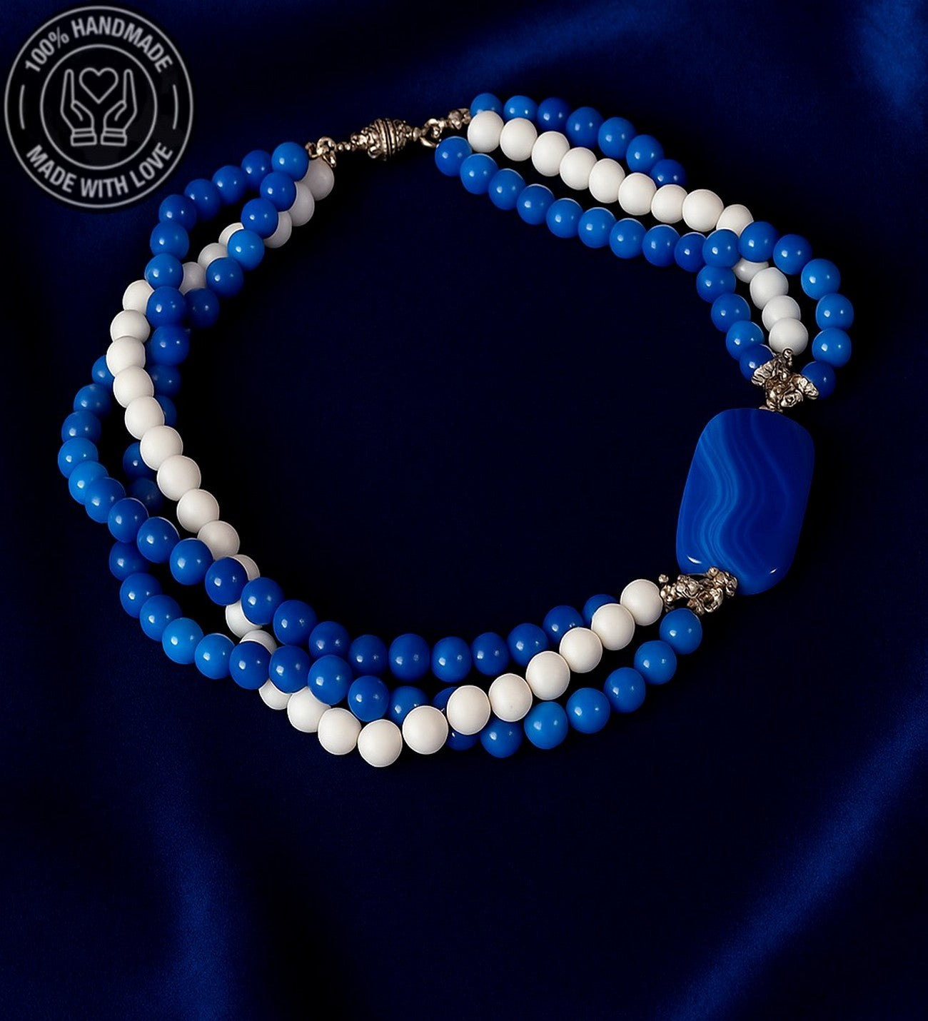 Premium Serisi Mavi Beyaz Akik Nazar Koruması Ve Zihinsel Berraklık Için Gerdanlık Kolye