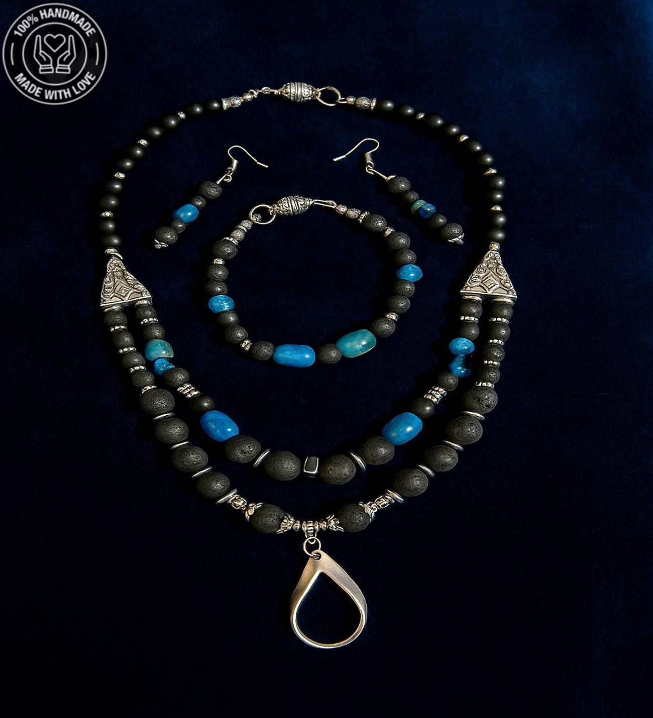 Lav Taşı Mavi Akik Iletişim Ve Denge Takı Seti