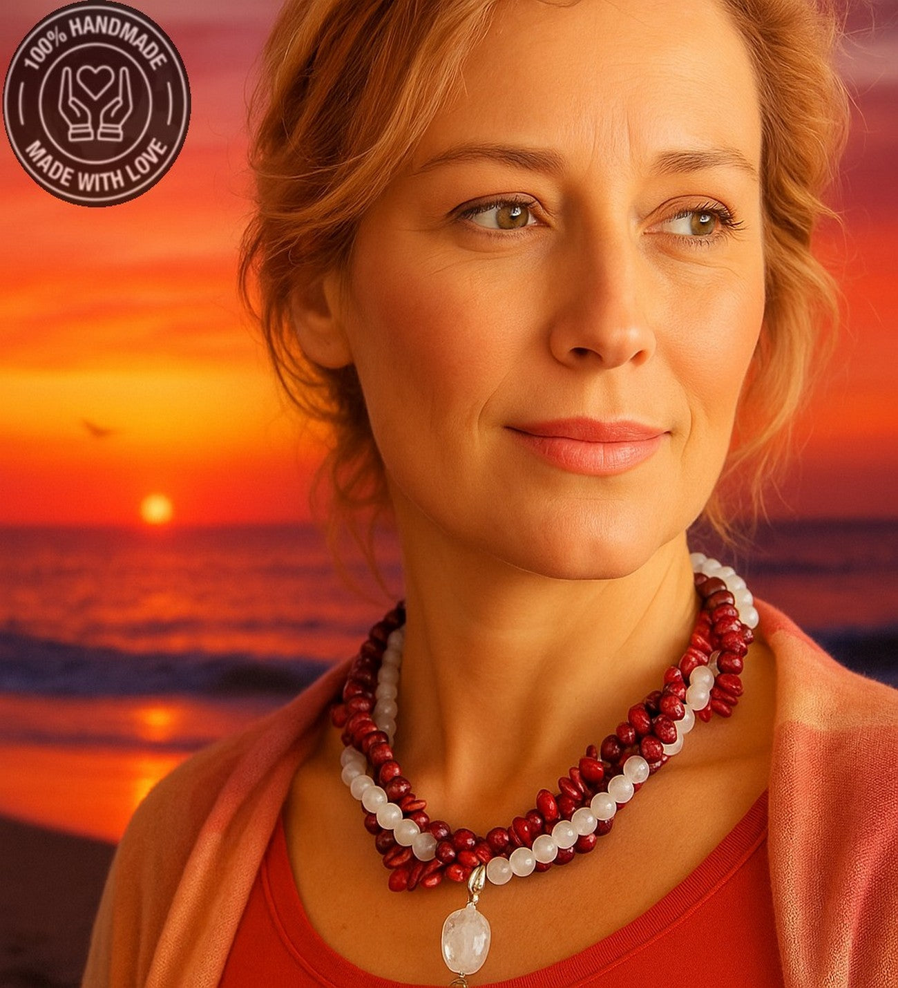 Mercan Jasper Dumanlı Akik Üç Sıralı Tutku, Canlılık Ve Nazardan Koruma Kolyesi