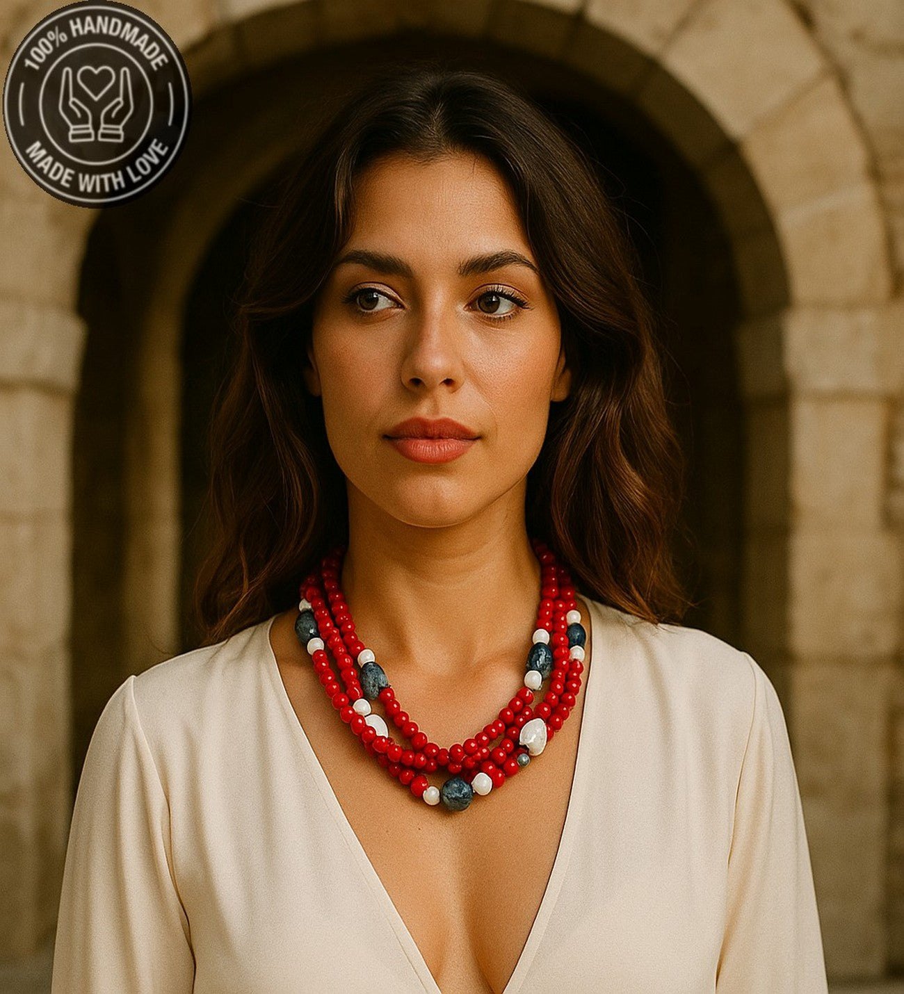 Mercan Sodalit Havlit 3 Sıralı Cesaret Tutku Ve Nazardan Korunma Kolyesi