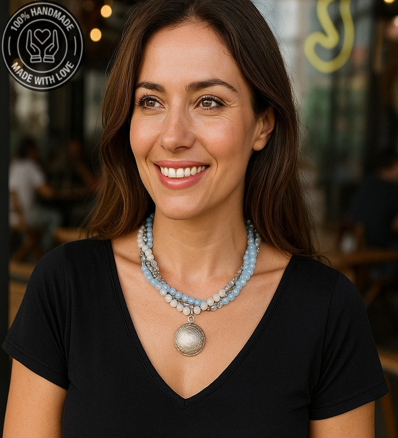 Buz Mavisi Akik Beyaz Aikik Kristal 3 Sıralı Kolye