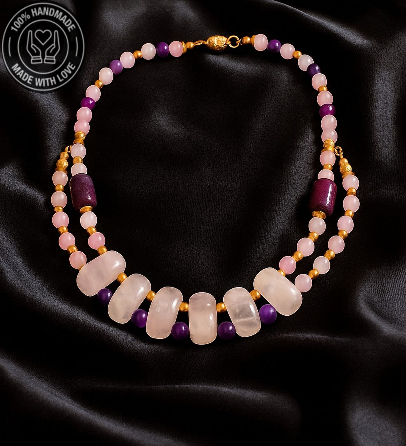 Premium serisi Pembe Kuvars Akik 2 Sıralı Özel Tasarım Kolye Bileklik Seti