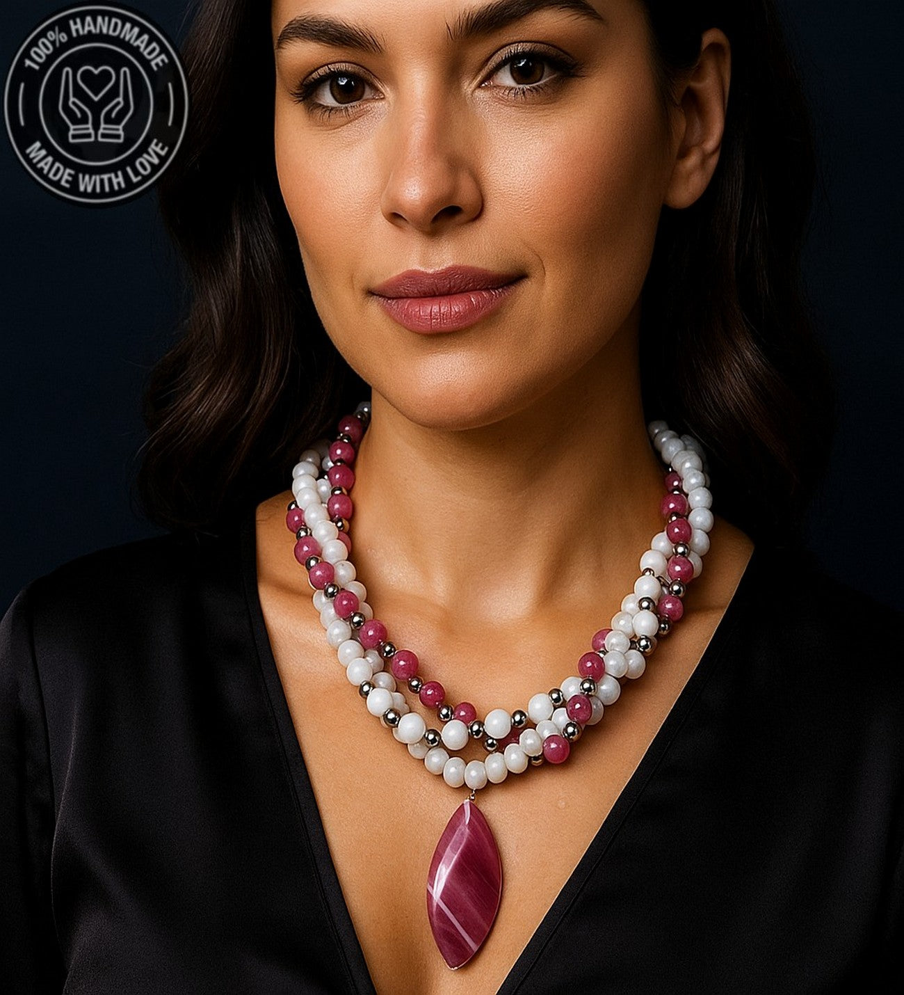 Pembe Akik Beyaz Akik Beyaz Kristal Üçlü Sevgi, Huzur Ve Arınma Kolyesi