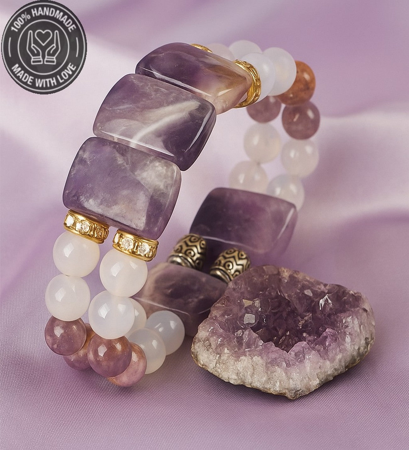 Premium Serisi Roleks Kesim Ametist Huzur, Sakinlik, Sezgi Için Iki Sıralı Bileklik