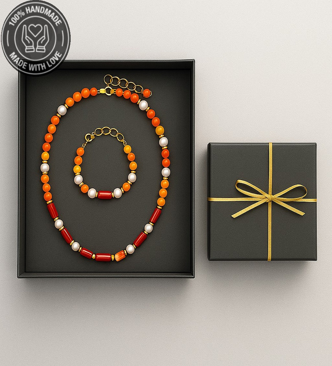 İnci Turuncu Akik Nazar Koruması ve Zarafet İçin Doğal Taş Premium Set