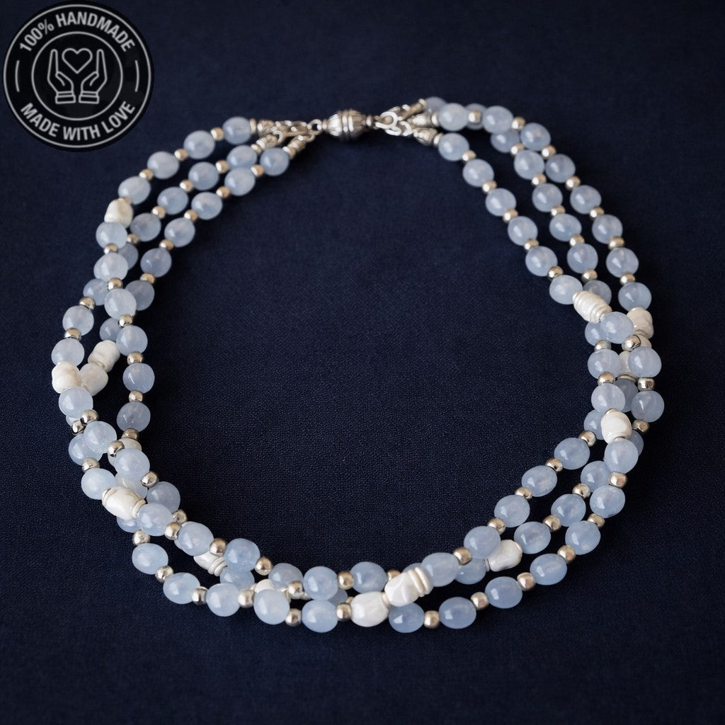 Mavi Kuvars Inci 3 Sıralı Iletişim, Zarafet Ve Huzur Kolyesi