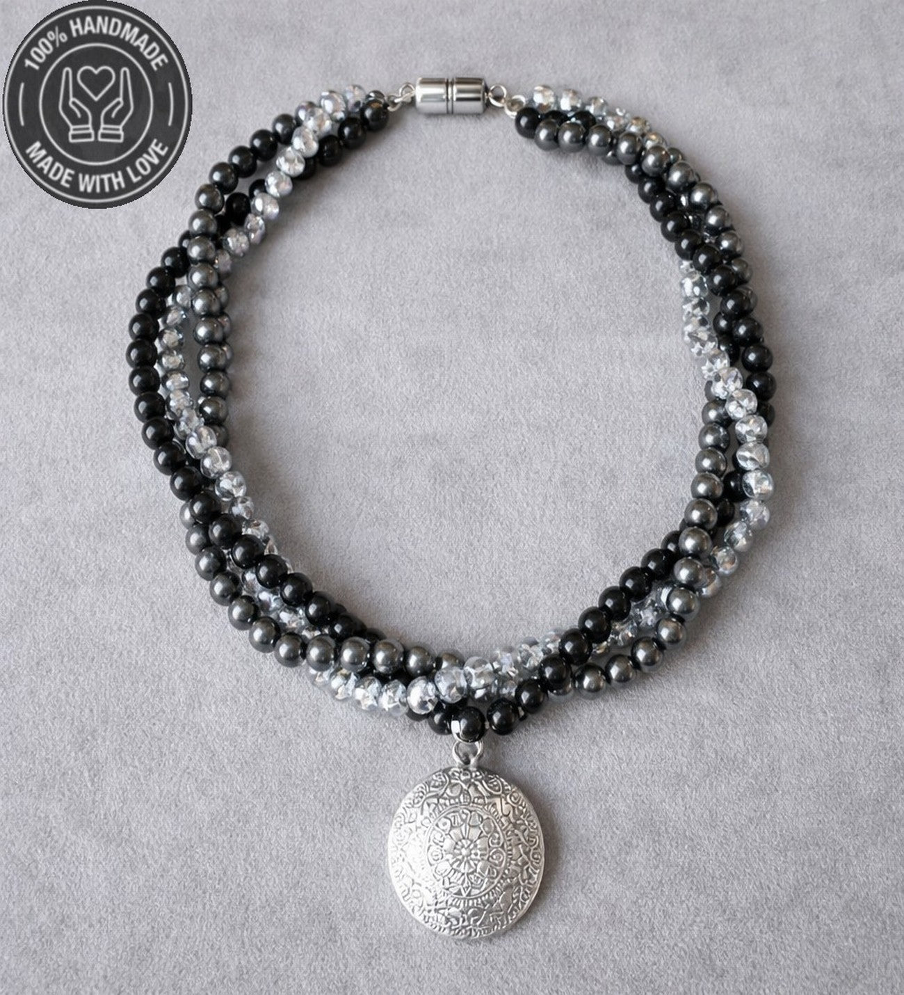 Hematit Oniks Kristal 3 Sıralı Güç, Nazardan Koruma Ve Zihinsel Berraklık Kolyesi