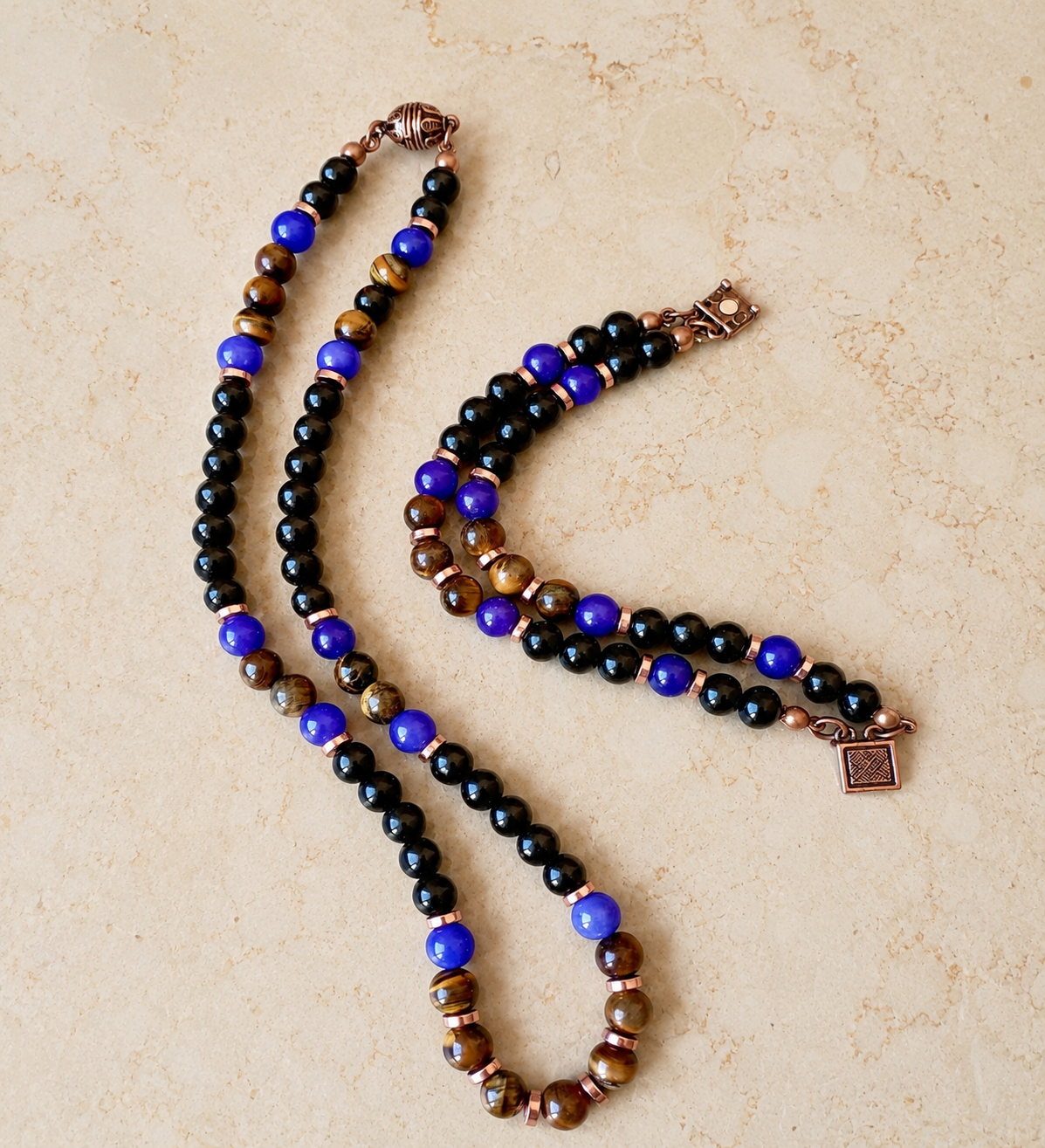 Onyx Tiger's Eye Jade Power, Courage, and Serenity Necklace and Bracelet Set