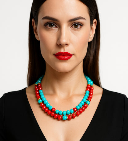 Turquoise 2-Strand Natural Stone Necklace – Coral, Evil Eye Protection and Peace