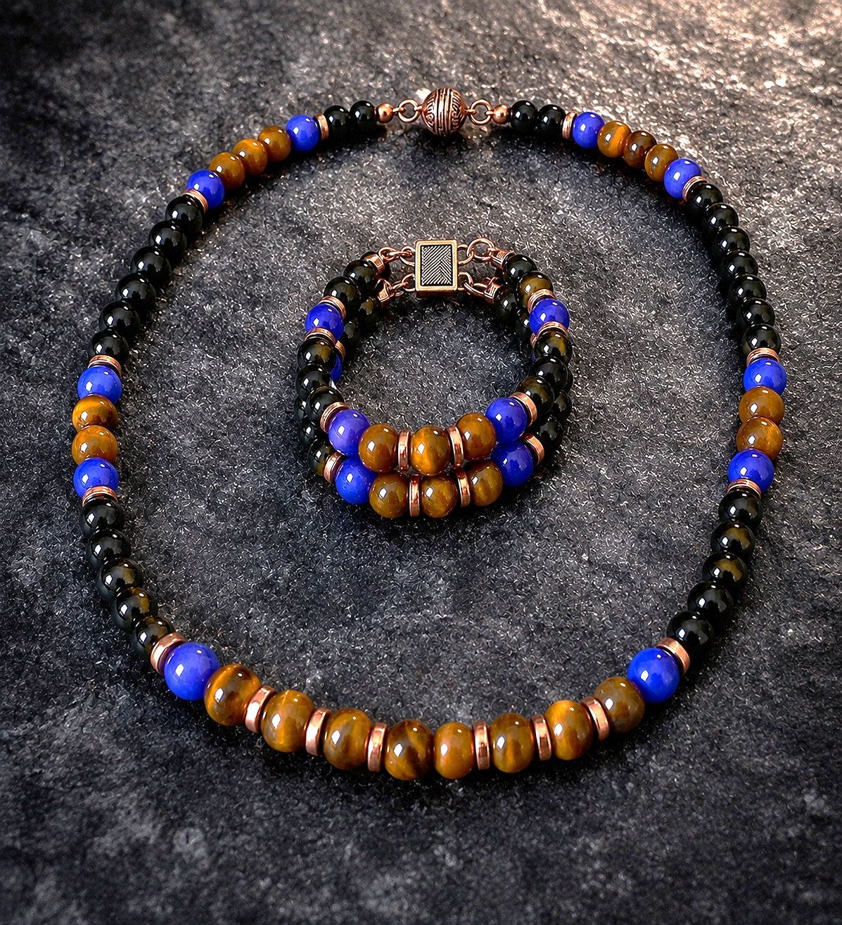 Onyx Tiger's Eye Jade Power, Courage, and Serenity Necklace and Bracelet Set
