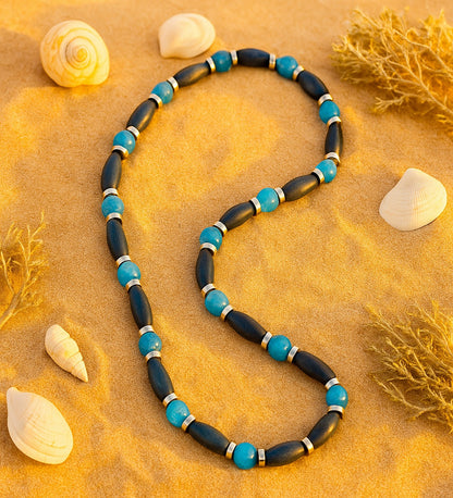 Blue Agate Wooden Communication and Evil Eye Protection Necklace