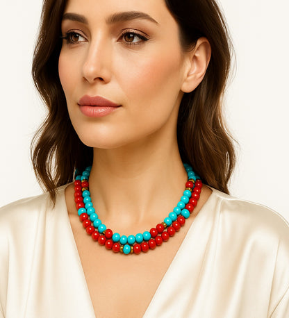 Turquoise 2-Strand Natural Stone Necklace – Coral, Evil Eye Protection and Peace