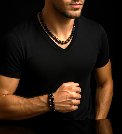 Onyx Tiger's Eye Jade Power, Courage, and Serenity Necklace and Bracelet Set