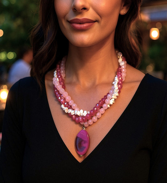 Pembe Kuvars Havlit Kristal 3 Sıralı Huzur Ve Iletişim Kolyesi
