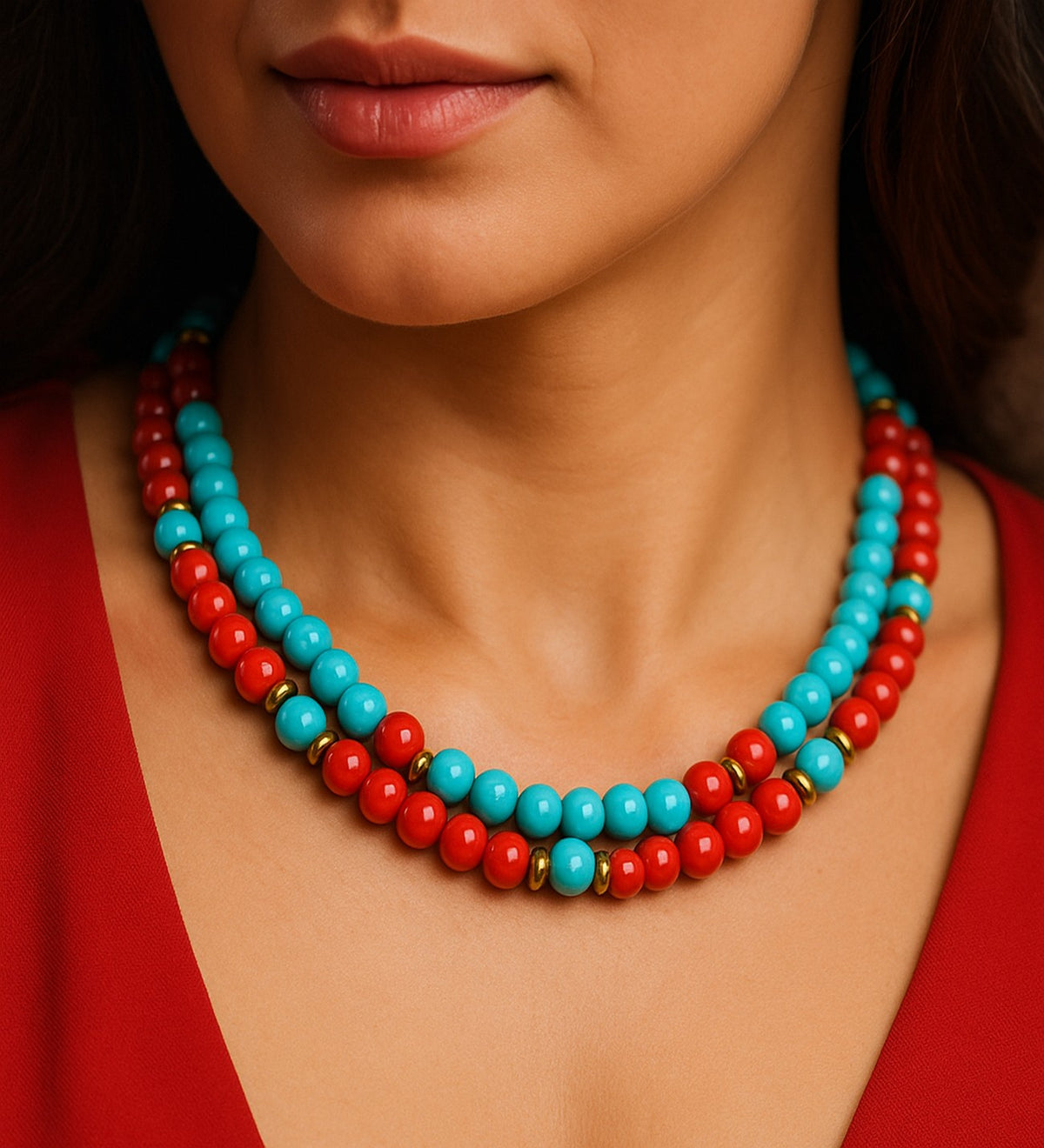 Turquoise 2-Strand Natural Stone Necklace – Coral, Evil Eye Protection and Peace
