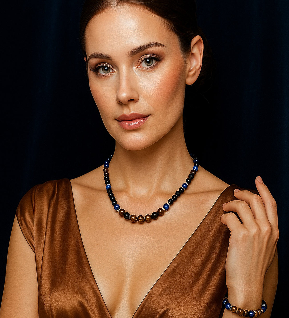Onyx Tiger's Eye Jade Power, Courage, and Serenity Necklace and Bracelet Set