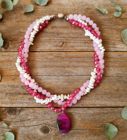 Pembe Kuvars Havlit Kristal 3 Sıralı Huzur Ve Iletişim Kolyesi