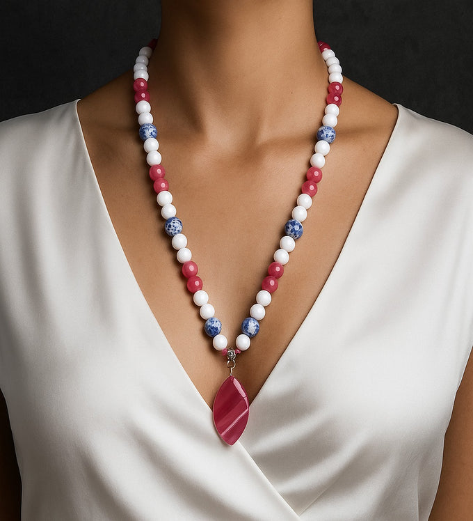 Pink Agate Long Natural Stone Necklace – Chalcedony, Love and Peace