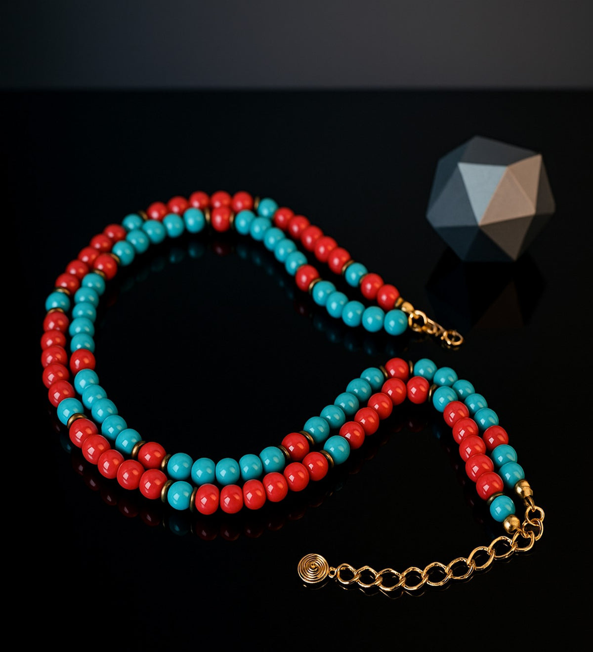 Turquoise 2-Strand Natural Stone Necklace – Coral, Evil Eye Protection and Peace