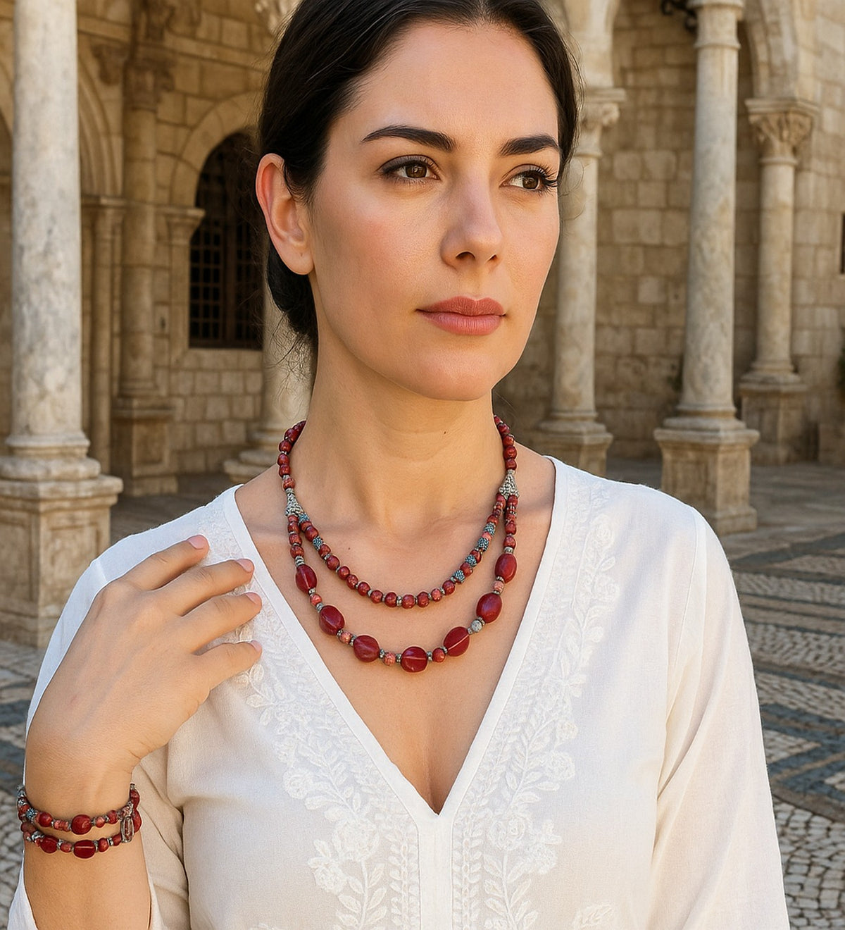 Imperial Jasper Natural Stone Necklace & Bracelet Set – Howlite, Balance and Strength