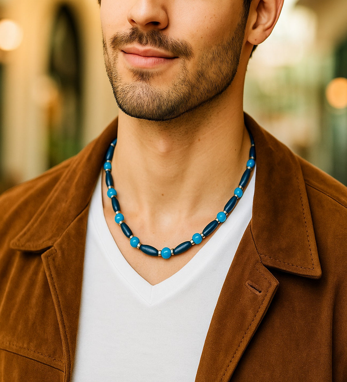 Blue Agate Wooden Communication and Evil Eye Protection Necklace