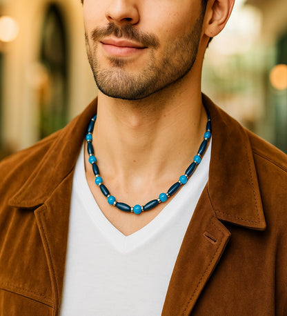 Blue Agate Wooden Communication and Evil Eye Protection Necklace