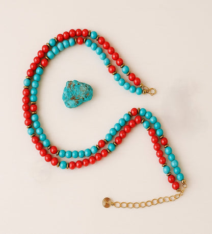Turquoise 2-Strand Natural Stone Necklace – Coral, Evil Eye Protection and Peace