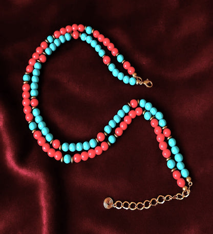 Turquoise 2-Strand Natural Stone Necklace – Coral, Evil Eye Protection and Peace