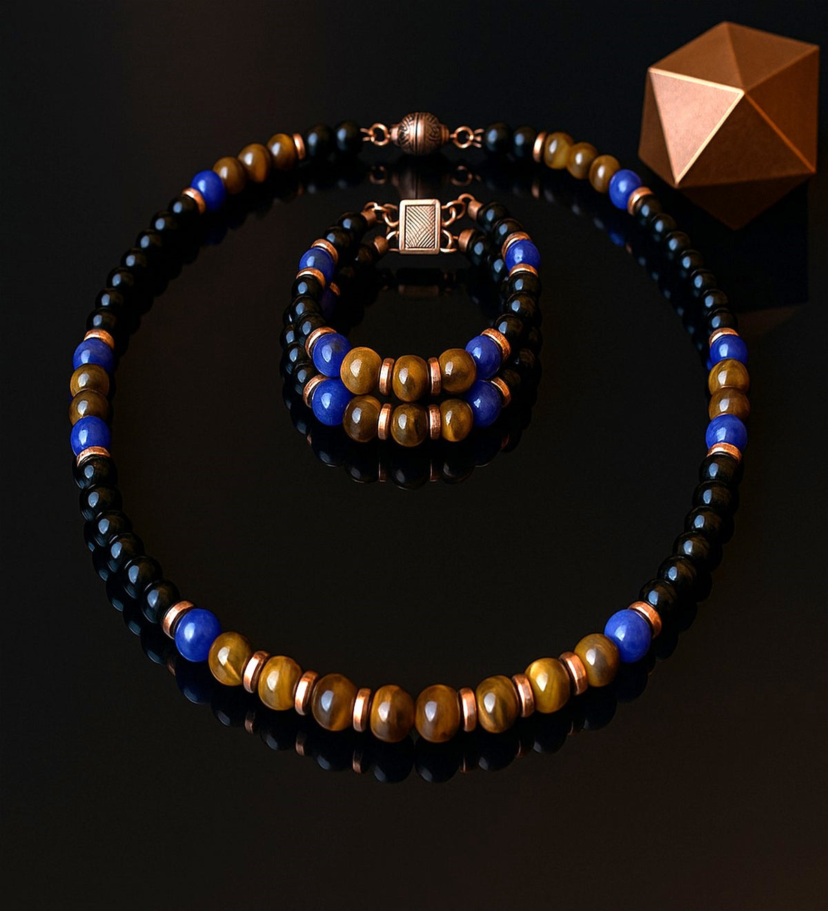 Onyx Tiger's Eye Jade Power, Courage, and Serenity Necklace and Bracelet Set