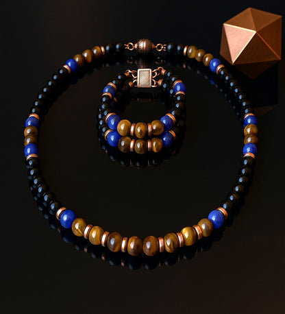 Onyx Tiger's Eye Jade Power, Courage, and Serenity Necklace and Bracelet Set