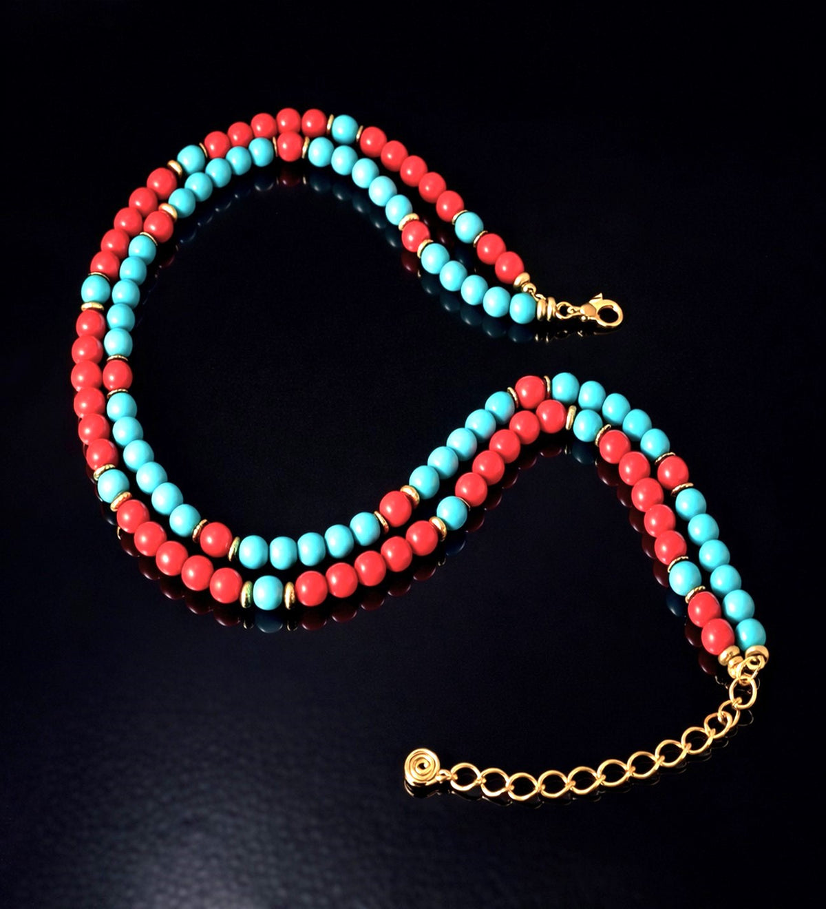 Turquoise 2-Strand Natural Stone Necklace – Coral, Evil Eye Protection and Peace