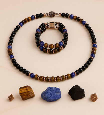 Onyx Tiger's Eye Jade Power, Courage, and Serenity Necklace and Bracelet Set
