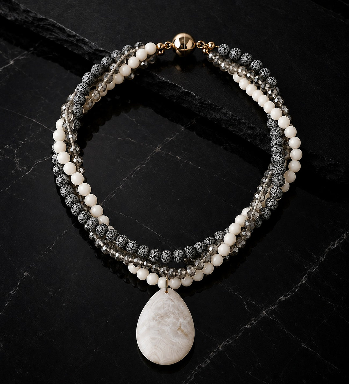 Frosted Black Agate White Agate Crystal 3-Strand Evil Eye Protection, Mental Clarity and Serenity Necklace