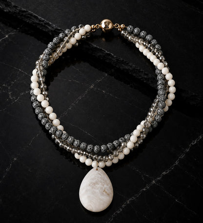 Frosted Black Agate White Agate Crystal 3-Strand Evil Eye Protection, Mental Clarity and Serenity Necklace