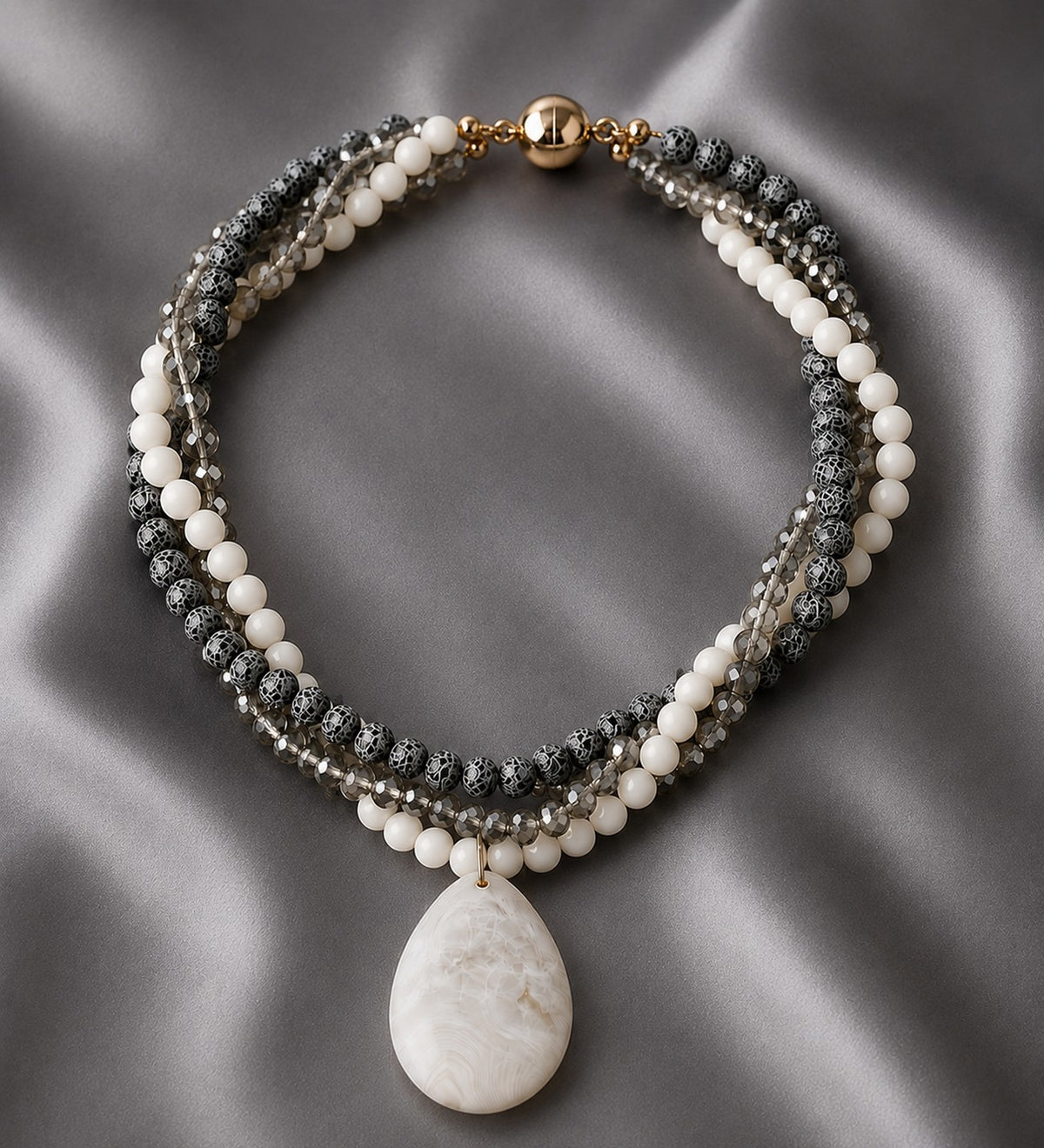 Frosted Black Agate White Agate Crystal 3-Strand Evil Eye Protection, Mental Clarity and Serenity Necklace