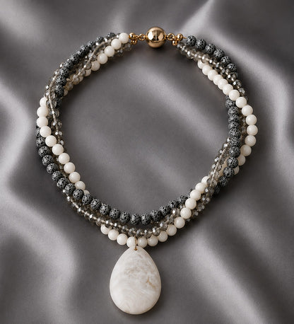 Frosted Black Agate White Agate Crystal 3-Strand Evil Eye Protection, Mental Clarity and Serenity Necklace