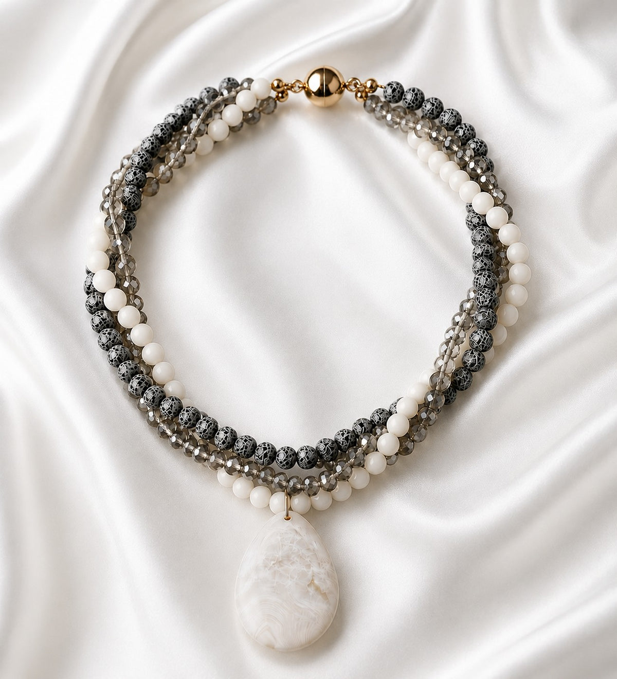 Frosted Black Agate White Agate Crystal 3-Strand Evil Eye Protection, Mental Clarity and Serenity Necklace