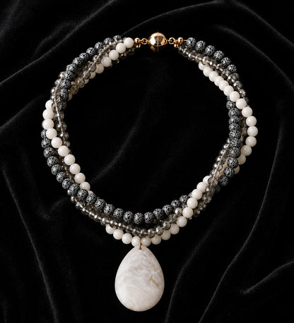 Frosted Black Agate White Agate Crystal 3-Strand Evil Eye Protection, Mental Clarity and Serenity Necklace