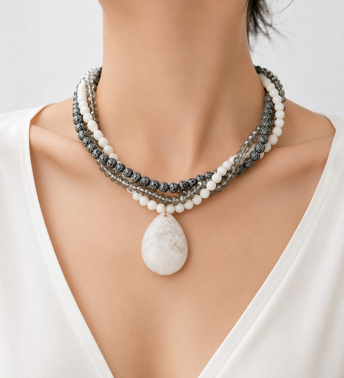 Frosted Black Agate White Agate Crystal 3-Strand Evil Eye Protection, Mental Clarity and Serenity Necklace